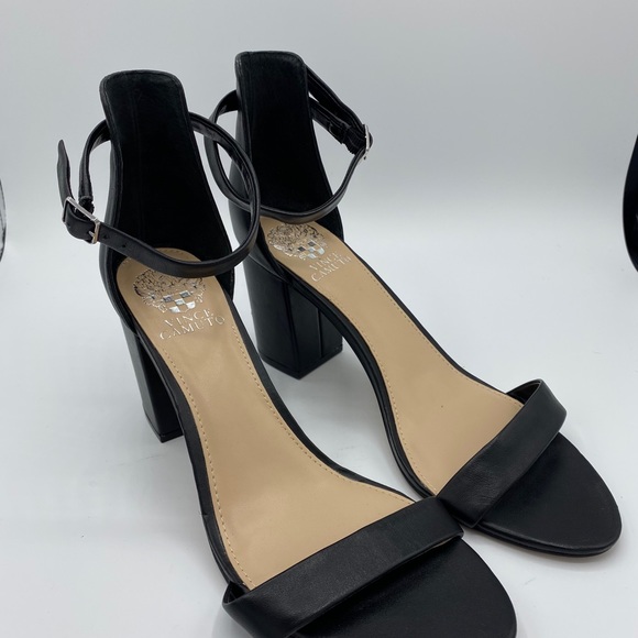 NEW Vince Camuto Black Leather Beah Heeled Sandals - Picture 2 of 7